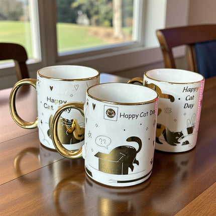 3 Taza "Happy Cat Day" Dorada $32 c/u