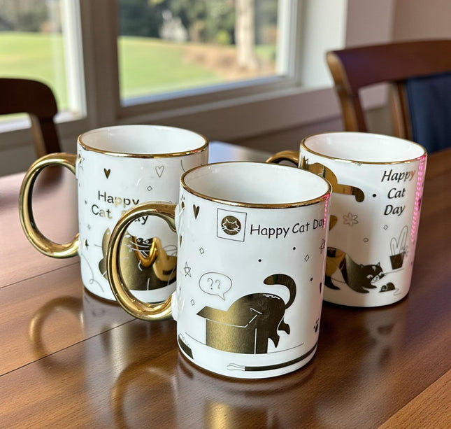 3 Taza "Happy Cat Day" Dorada $32 c/u