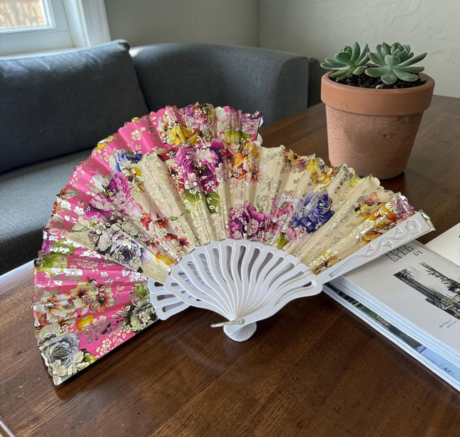 12 Abanicos Blancos Estampados de Colores $12.5 c/u