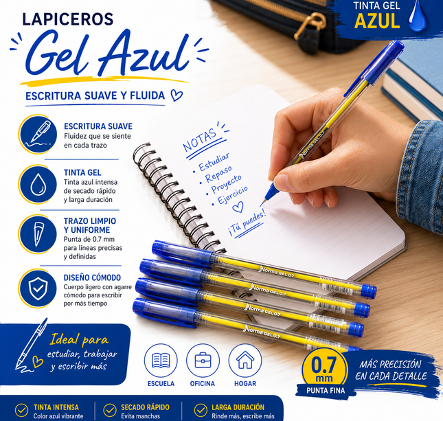 Caja con 12 Lapiceros Norma Gel Azul