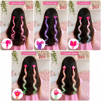 12 Pasadores con Extensiones Barbie Colores, Diferentes Diseños 12.6 c/u