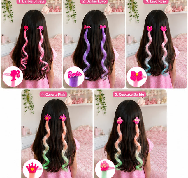 12 Pasadores con Extensiones Barbie Colores, Diferentes Diseños 12.6 c/u