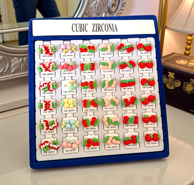 36 Aretes Cereza/Fresa Zirconia $3.58 c/u