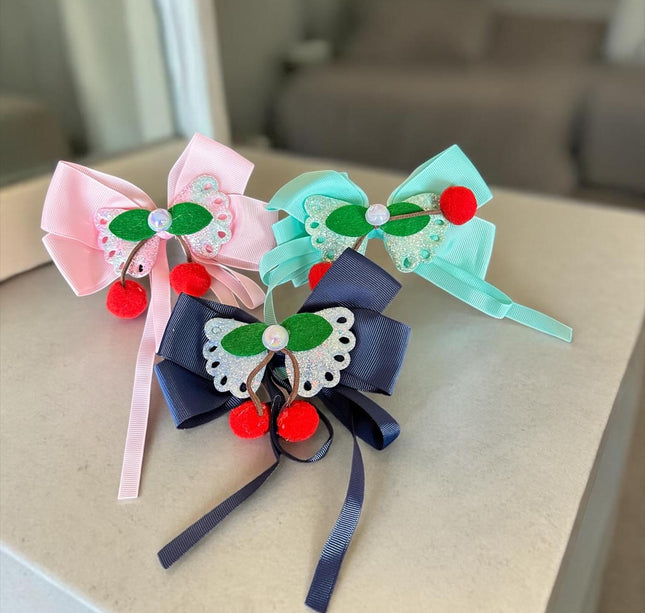 12 Moños Cerezas Dobles con Perla $6 c/u