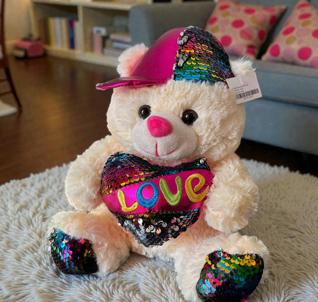 Oso de Peluche "Love" Con gorra Lentejuela Mediano