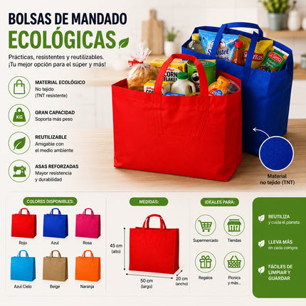 12 Bolsas Ecologicas Grandes Diferentes colores $7.95 c/u