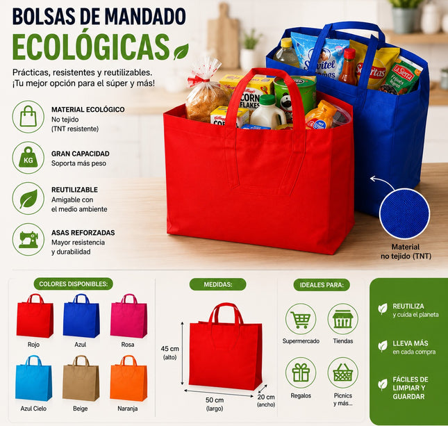 12 Bolsas Ecologicas Grandes Diferentes colores $7.95 c/u