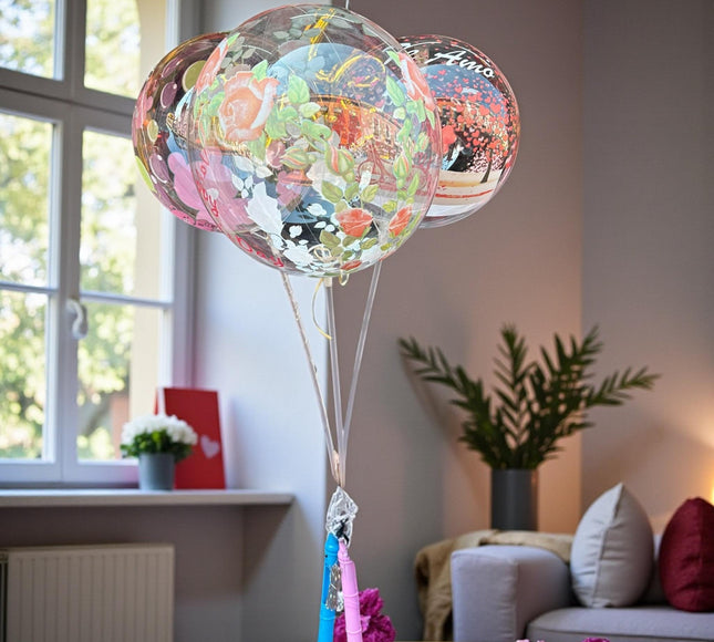 10 Globo Burbuja Decorado con Base luz y Popote $25 c/u