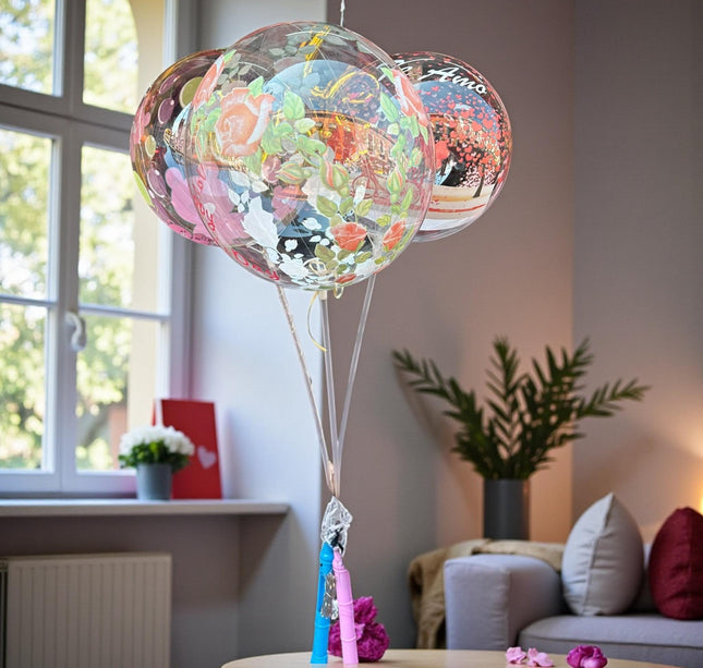 10 Globo Burbuja Decorado con Base luz y Popote $25 c/u