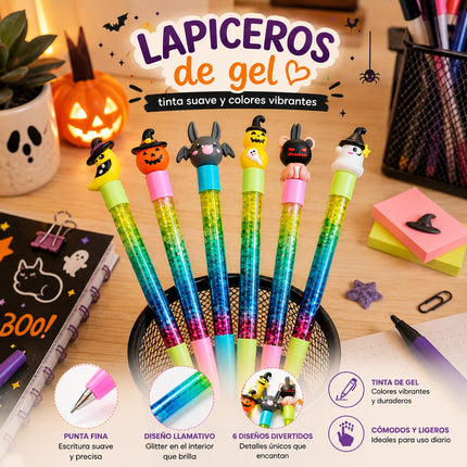 12 Lapiceros Gel Halloween con Brillos y Figura 3D $6.5 c/u