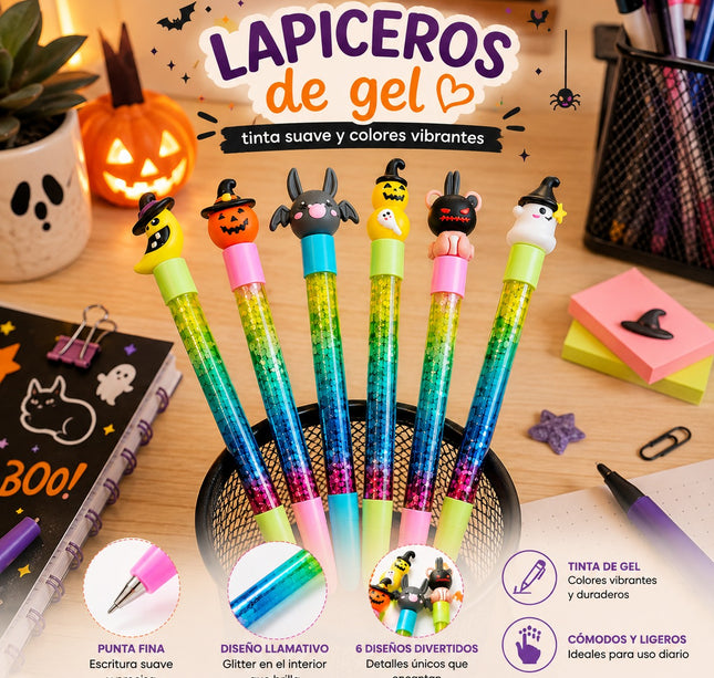 12 Lapiceros Gel Halloween con Brillos y Figura 3D $6.5 c/u