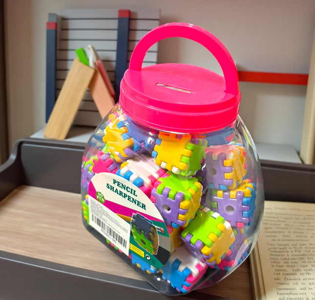 Bote Alcancia con 40 Cubos Sacapuntas para Armar $4.5 c/u