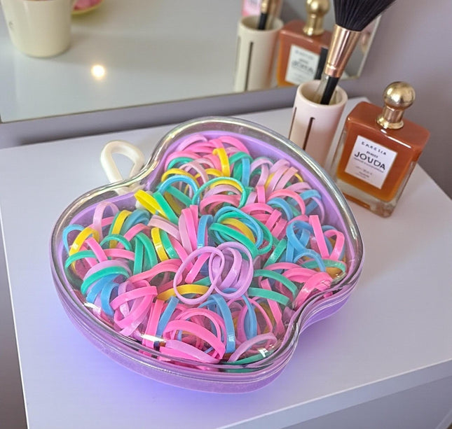 12 Estuches Manzanas con Ligas para Cabello de Colores $9.9 c/u