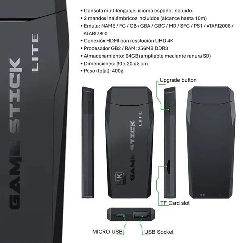 Consola Game Stick 4K Lite + 2 Controles Inalámbricos