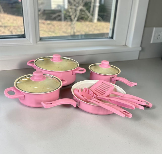 Juego de Sartenes y Ollas con Tapa de Cristal y Cucharas de Plastico