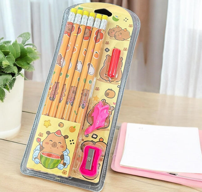 6 Sets Escolares Capibaras Lapices, Sacapuntas, Gomas $30 c/u