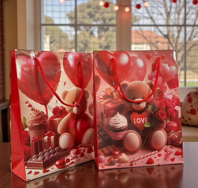 12 Bolsas para Regalo Ositos Corazones "San Valentin" $5.9 c/u