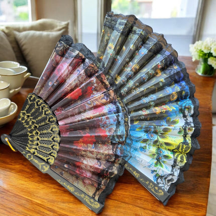 12 Abanicos Negros Decorados Flores y Bordado $12.5 c/u