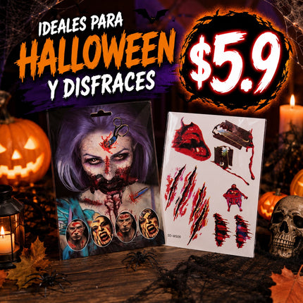 12 Tatuajes heridas para rostro/cuerpo Halloween $5.9 c/u