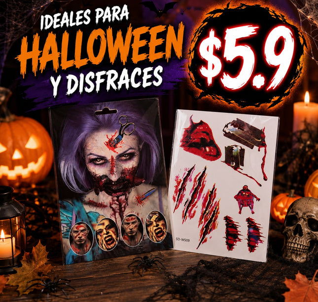 12 Tatuajes heridas para rostro/cuerpo Halloween $5.9 c/u