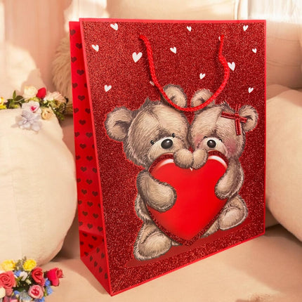 12 Bolsas de Regalo Osito Corazones Glitter San Valentín $16.66 c/u