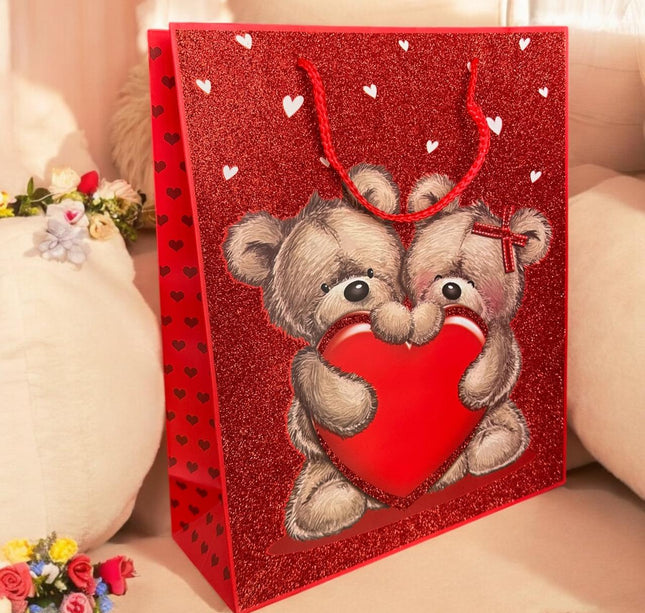 12 Bolsas de Regalo Osito Corazones Glitter San Valentín $16.66 c/u