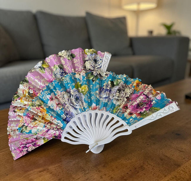 12 Abanicos Blancos Estampados de Colores $12.5 c/u