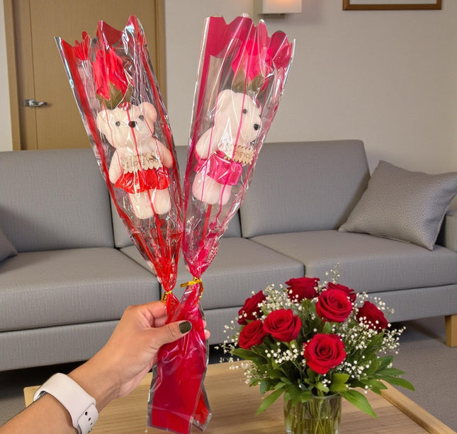 12 Rosa con Osito Individual $19.5 c/u