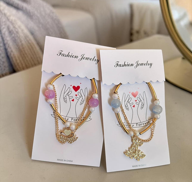 12 Pulseras Dobles  Doradas Dije con Perlas $6.8 c/u