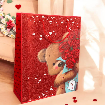 12 Bolsas de Regalo Osito Corazones Glitter San Valentín $16.66 c/u