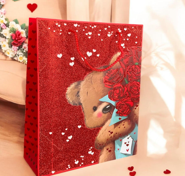 12 Bolsas de Regalo Osito Corazones Glitter San Valentín $16.66 c/u