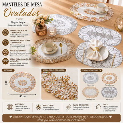 12 Manteles para Mesa Ovalados Dorados/Plateados $5.9 c/u