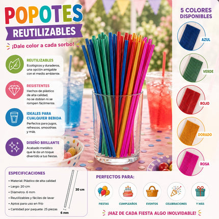 Exclusivo Tienda en linea 💥💎5 Bolsa con 25 Popotes Metalicos para Fiesta $10 c/bolsa