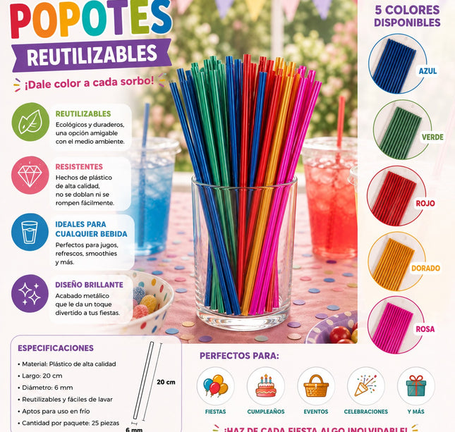 Exclusivo Tienda en linea 💥💎5 Bolsa con 25 Popotes Metalicos para Fiesta $10 c/bolsa
