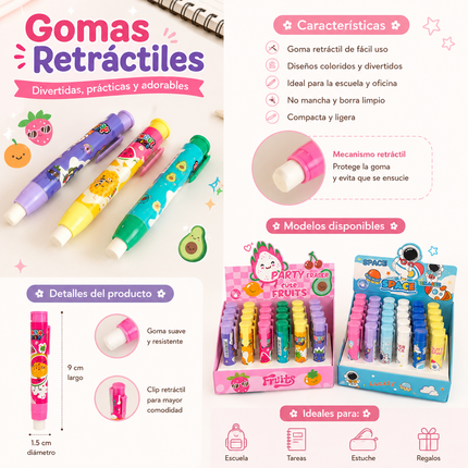 24 Gomas/Borrador Retractiles Frutitas/Astronautas $6.5 c/u