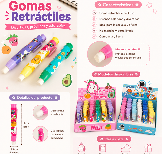 24 Gomas/Borrador Retractiles Frutitas/Astronautas $6.5 c/u