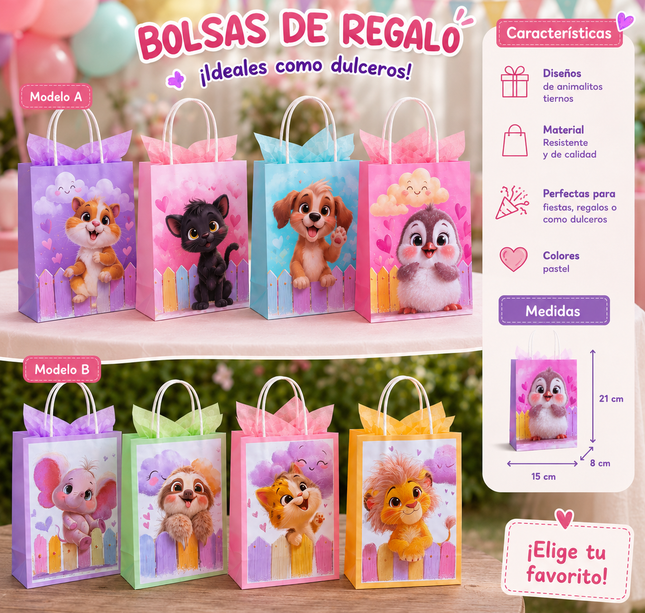 12 Bolsas Mascotas Papel Chicas para Regalo $5.15 c/u