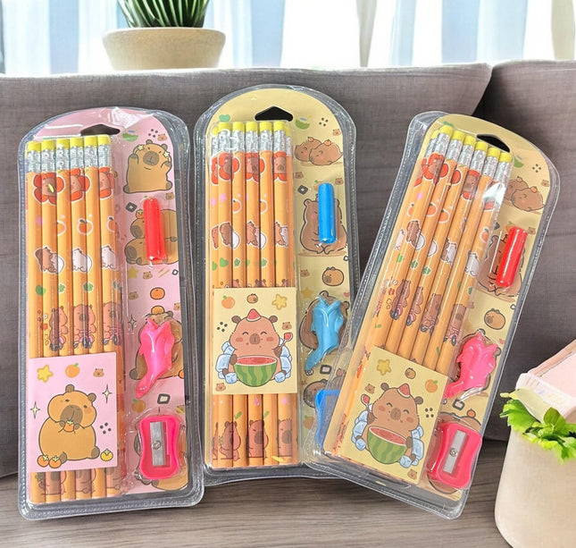 6 Sets Escolares Capibaras Lapices, Sacapuntas, Gomas $30 c/u