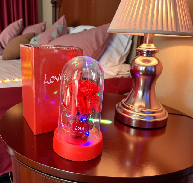 Flor Eterna con Luz de Hada y Osito Diamantado