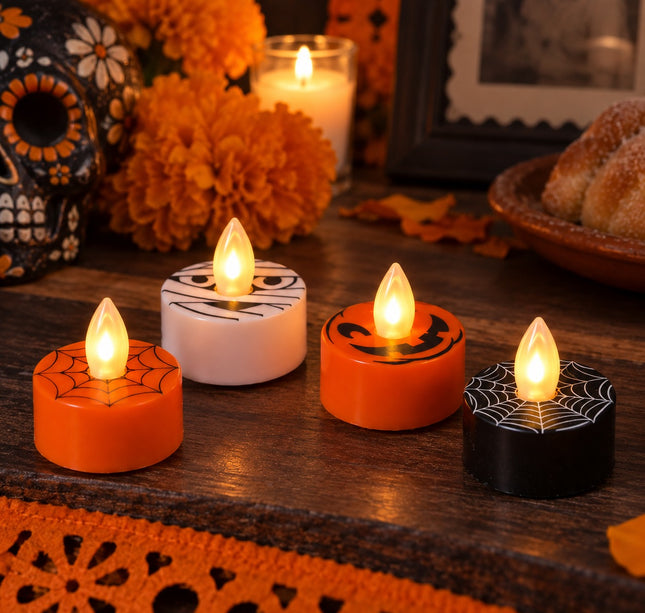 24 Velitas Halloween Led, Calabacitas/Fantasmas/Telaraña $5.9 c/u