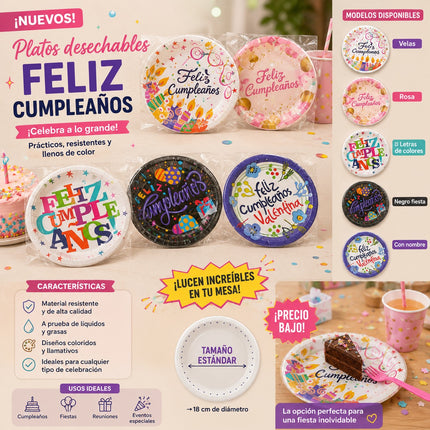6 Sets Platos "Feliz Cumpleaños" para Fiesta Decorados Pasteleros $20 c/u