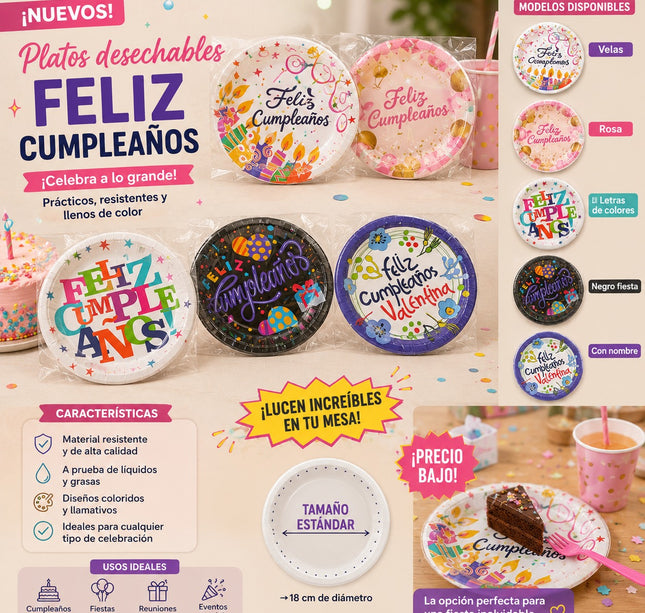6 Sets Platos "Feliz Cumpleaños" para Fiesta Decorados Pasteleros $20 c/u