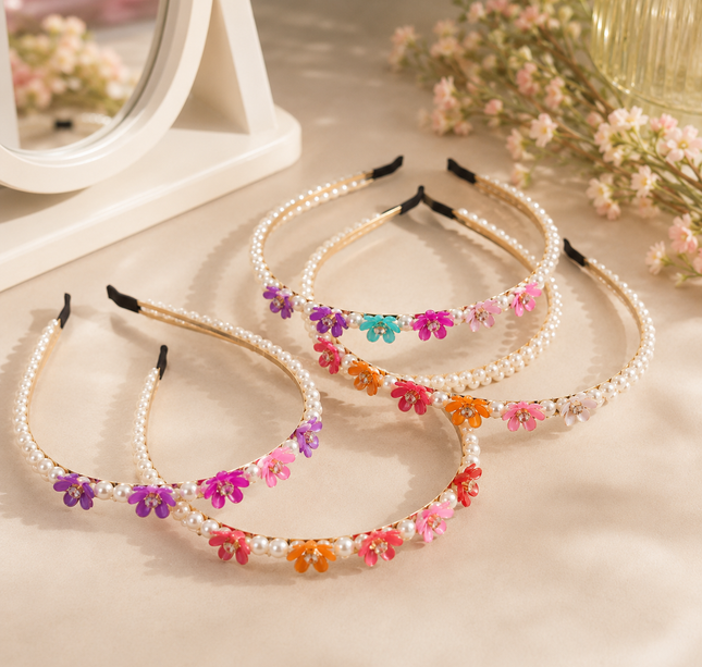 12 Diademas Perlas y Flores Hermosas Doradas $10.6 c/u