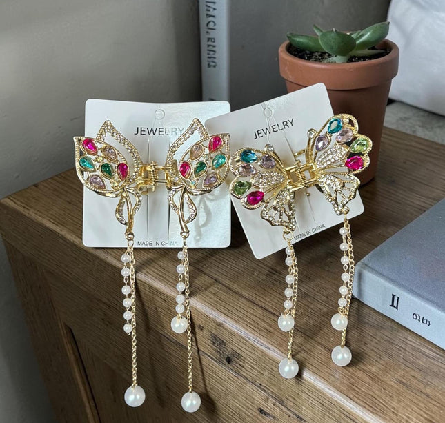 6 Pinzas Mariposas Premium con Pedreria y Perlas $22 c/u