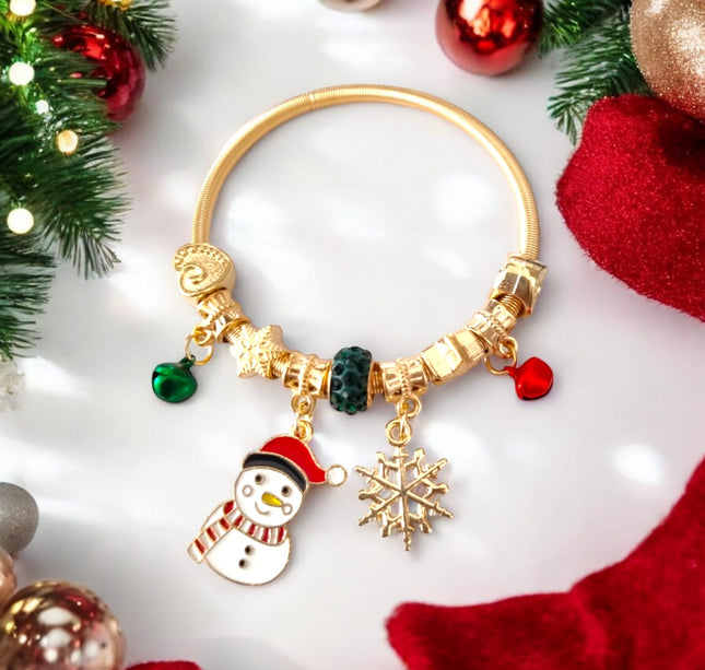 12 Pulseras tipo pandora Dije Navideño Doradas $13.9 c/u