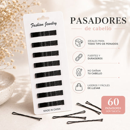 4 Tiras con 60 Pasadores Clasicos Negros para Cabello $15 c/u