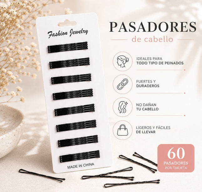 4 Tiras con 60 Pasadores Clasicos Negros para Cabello $15 c/u