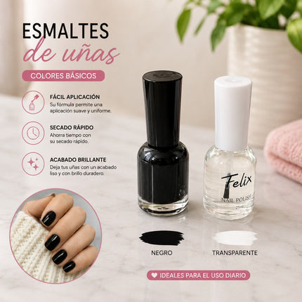 12 Esmaltes para Uñas Transparente y Negro $10.5 c/u