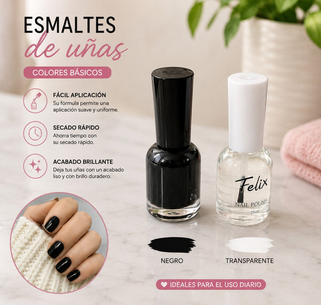 12 Esmaltes para Uñas Transparente y Negro $10.5 c/u