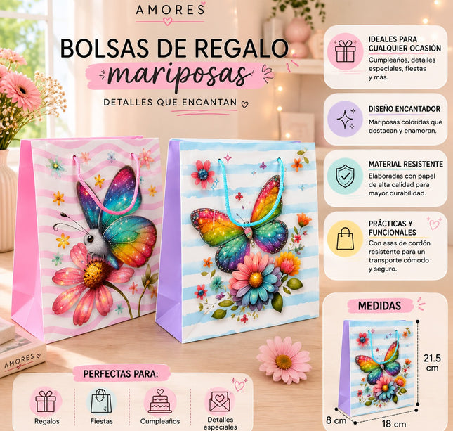 12 Bolsas para Regalo Mariposas y Flores $6.9 c/u